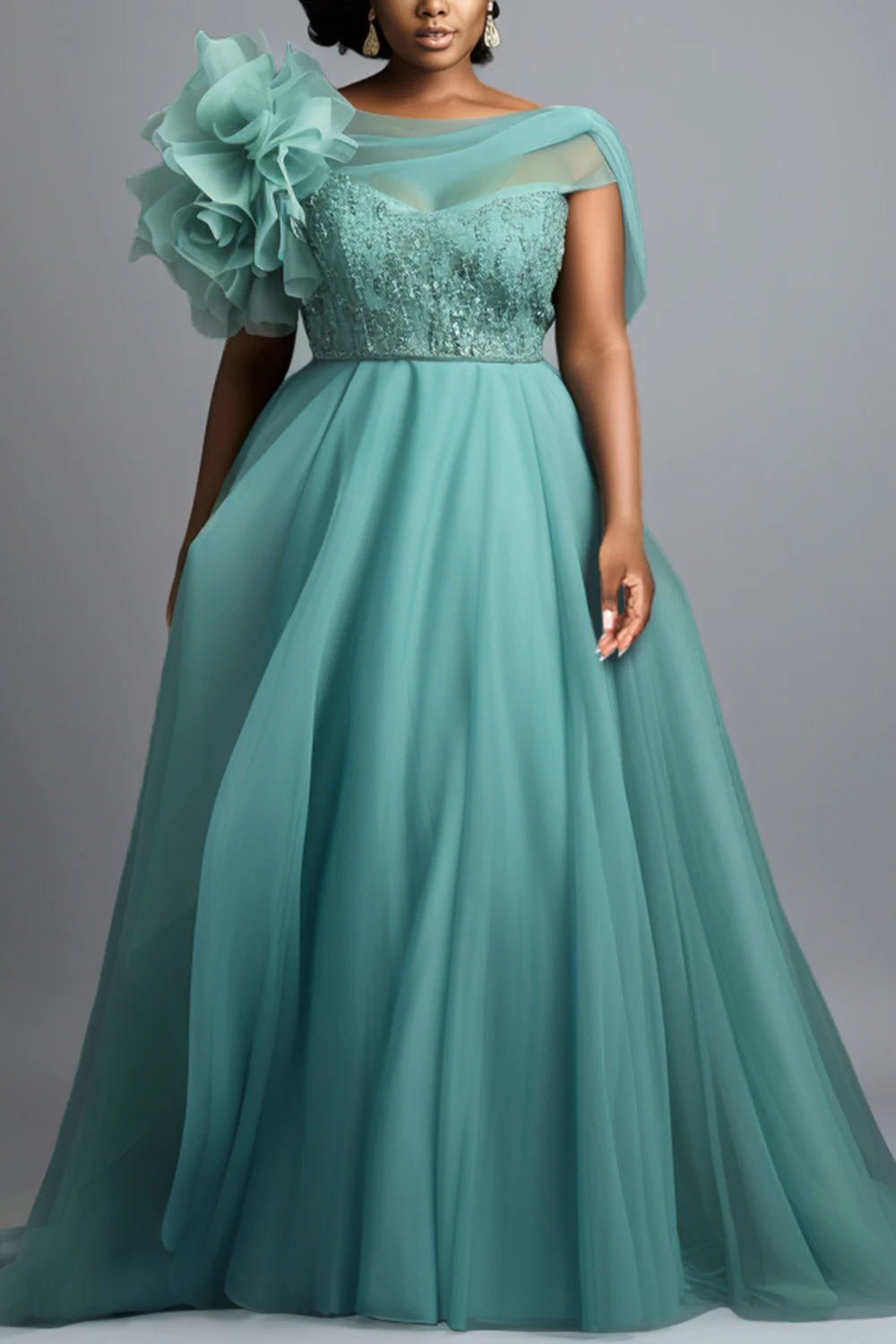 فساتين ماكسي رسمية مقاس كبير باللون الأخضر المريمية ورقبة مستديرة وكتف واحد ثلاثية الأبعاد أنيقة من التول #3