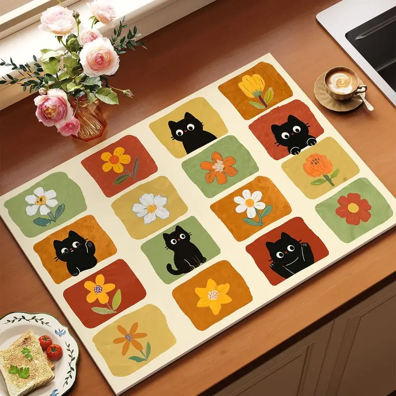 Retro Checkered Cat Dog Animal Kitchen Drainage Mat, Anti Slip Coffee Machine Tableware, Protection Mat
