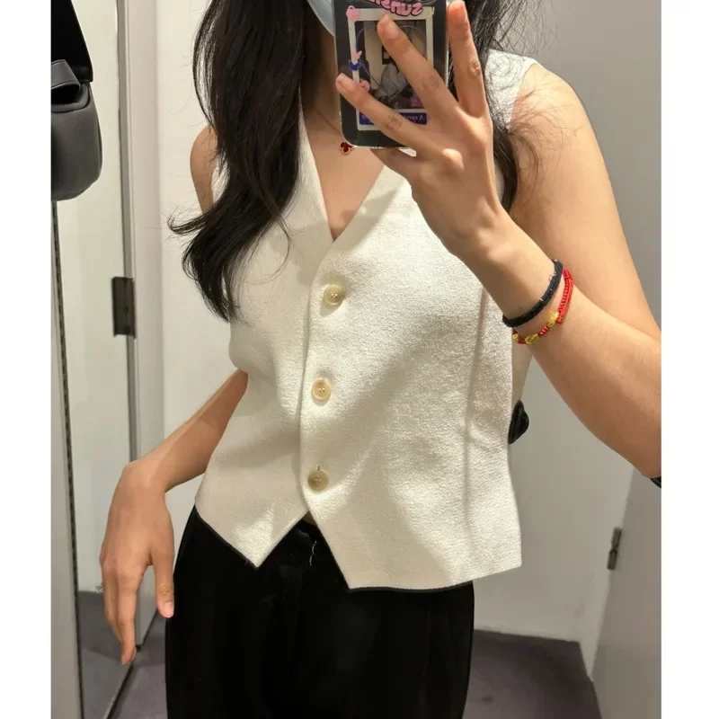 V-neck Knitted Suit Vest Women Black Beige 2023 Summer Sleeveless Corset Vest Tops