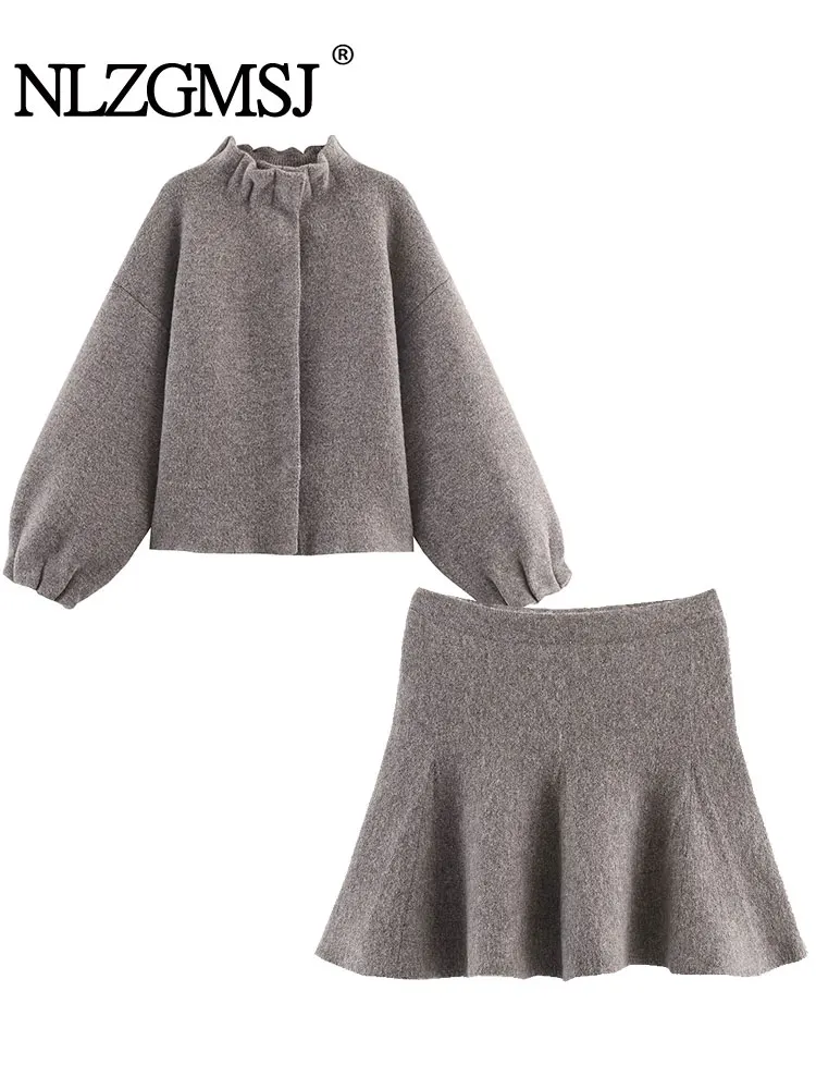 Nlzgmsj Herbst Vintage Elegante Stehkragen Pullover Set Mini Rock Mode Warme Rock Lose Anzug Für Frauen Set