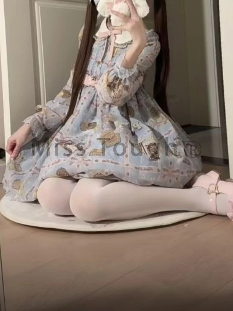 Winter Japanese Fashion Sweet Lolita Dress Women Aesthetic Bow Print Pretty Chic Dresses New Design Harajuku Kawaii Clothes 2024