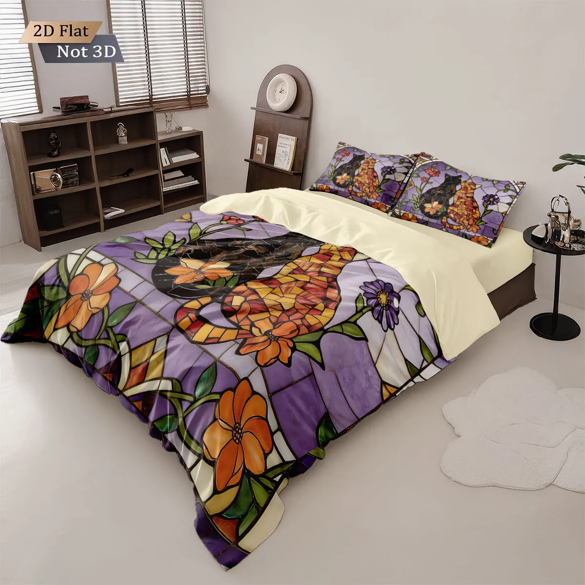 3pcs Imitation Glass Painted Cute Cat Print Coreless Down Duvet Cover Set Soft Bedroom Bedding Decoration Machine Washable