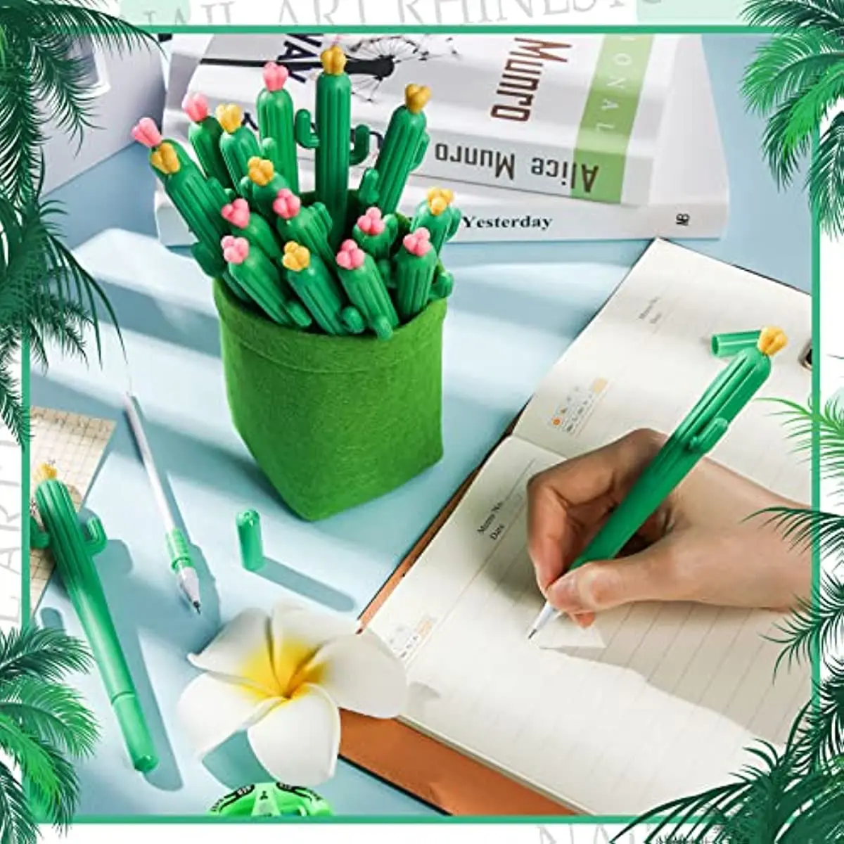 Wholesale  Cactus Shaped Roller Pen Set Cactus Gifts Gel Ink Pens Bulk Pink and Yellow Flower Ballpoint Writing Pens For school