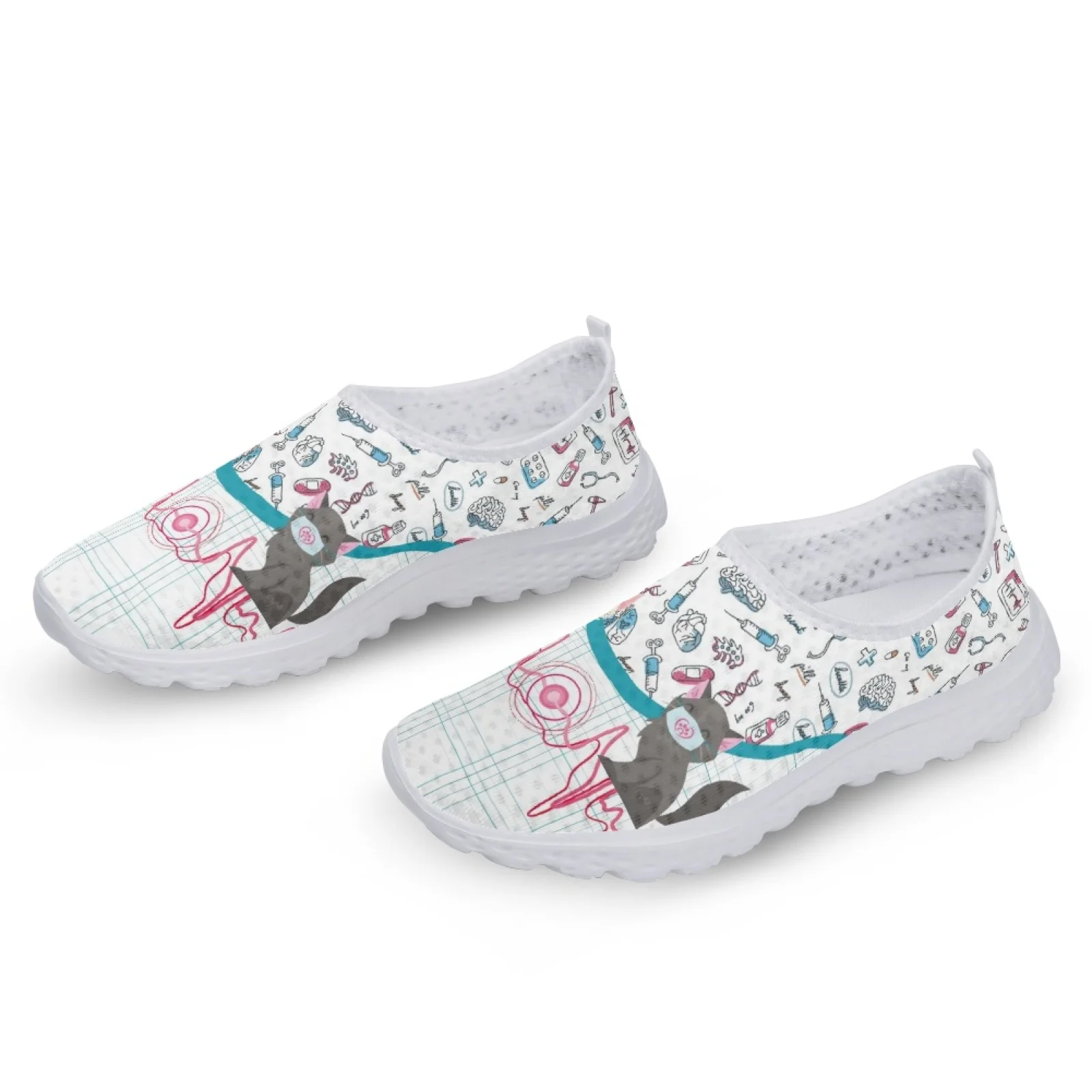 INSTANTARTS Cute Cat and Medical Tools Cartoon Female Flat Shoes ECG Cats With Mask Printed Women Mesh Sneakers Slip-on Loafers