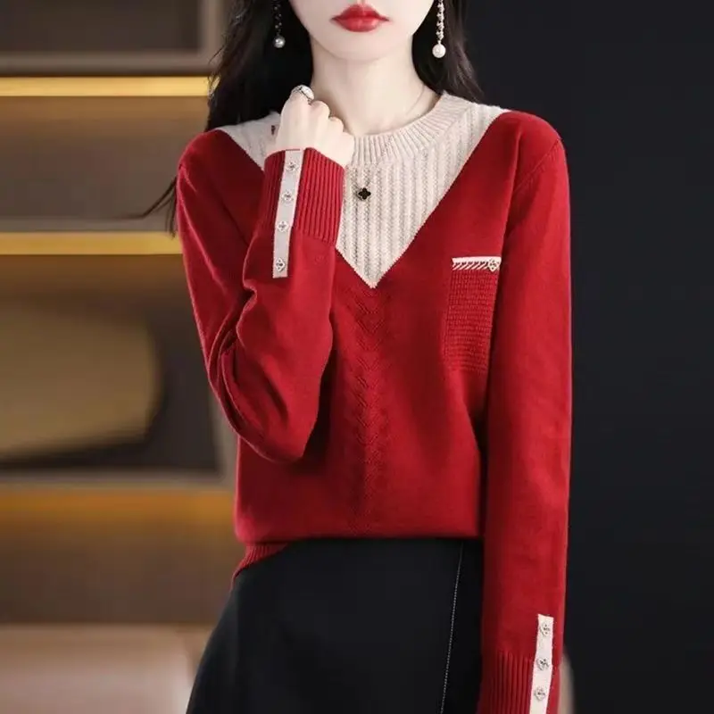 Women Clothing 2023 Autumn Winter Korean Style Patchwork Elegant Chic Knitted Sweaters Casual O Neck Long Sleeve Loose Pullovers