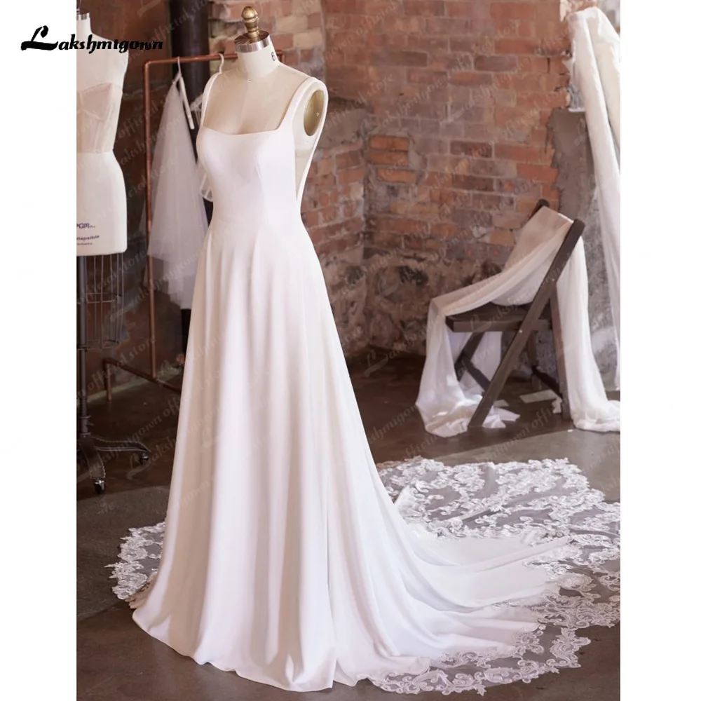 

Lakshmigown Sexy Scoop Neck Wedding Dress 2023 Long Court Train Sleeveless Robe De Mariee Elegant Crepe Bride Gown For Women