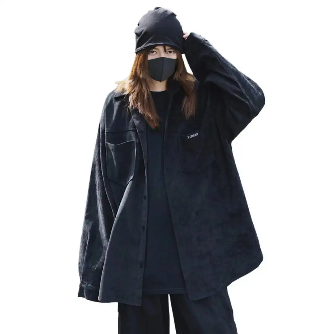 Dark Gothic T-Shirts Style Women's Corduroy Shirt Jacket Autumn Spring Long Sleeve Black Wale Corduroy Work Blouse