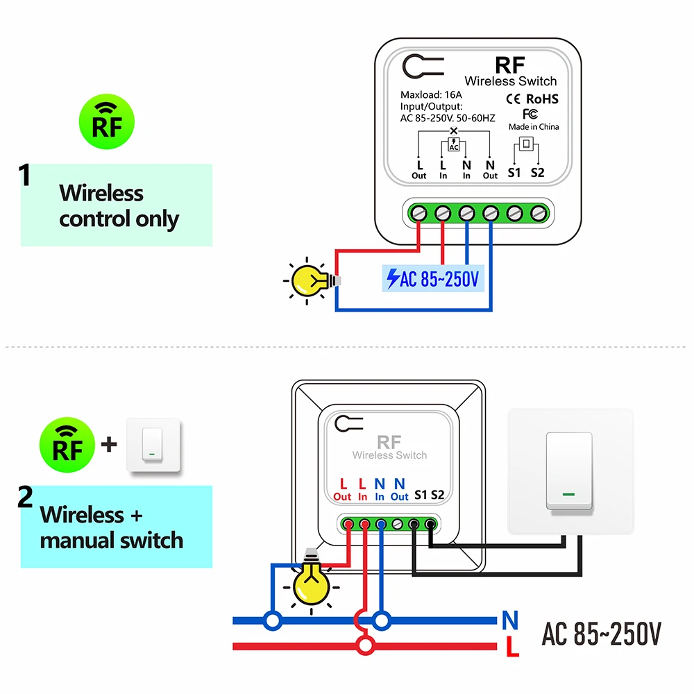 433Mhz Wireless Remote Control Smart Light Switch 110V 220V 230V 16A Mini Module Delay Function Can Work with Manual Switch