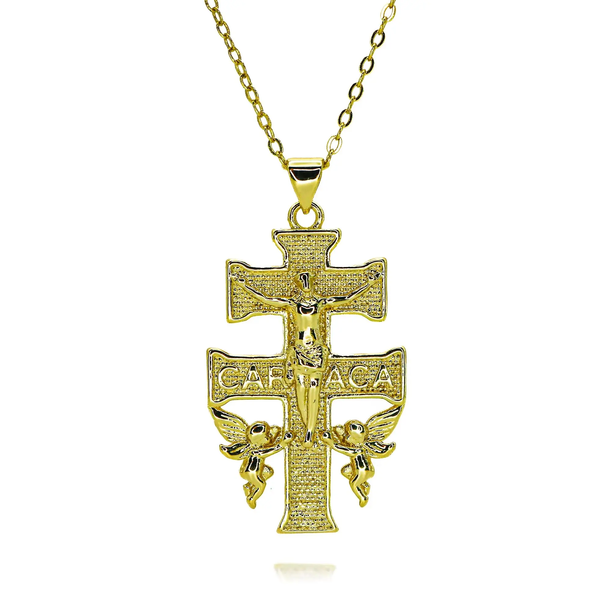 Gold Plated Catholic Caravaca Crucifix Cross Charms with Cherub Angels for DIY Jewelry Making Jesus Double Cross Pendant Gifts