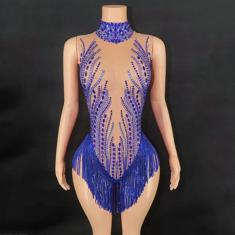 Body con flecos y diamantes de imitación para mujer, vestido Sexy de malla para fiesta de baile en barra, traje de Bar Ds Dj Gogo, ropa para discoteca, 8 colores