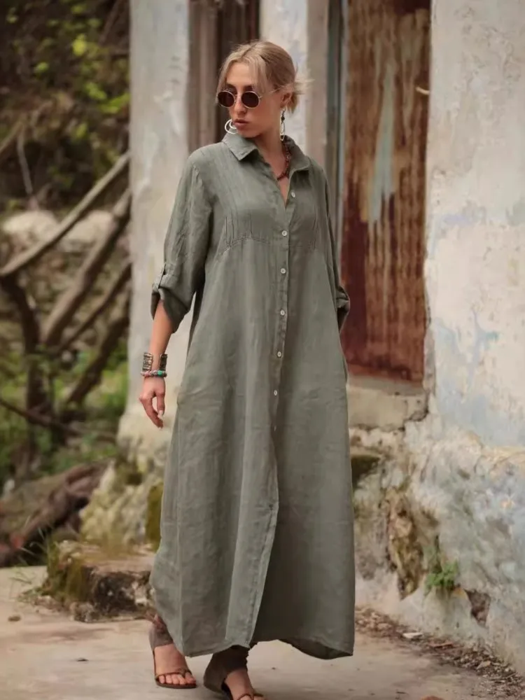 

Autumn Fashion Cotton Linen Women's Dress Flip Collar Single Breasted Solid Color Elegant Dress Female Street Style A-line Robe
