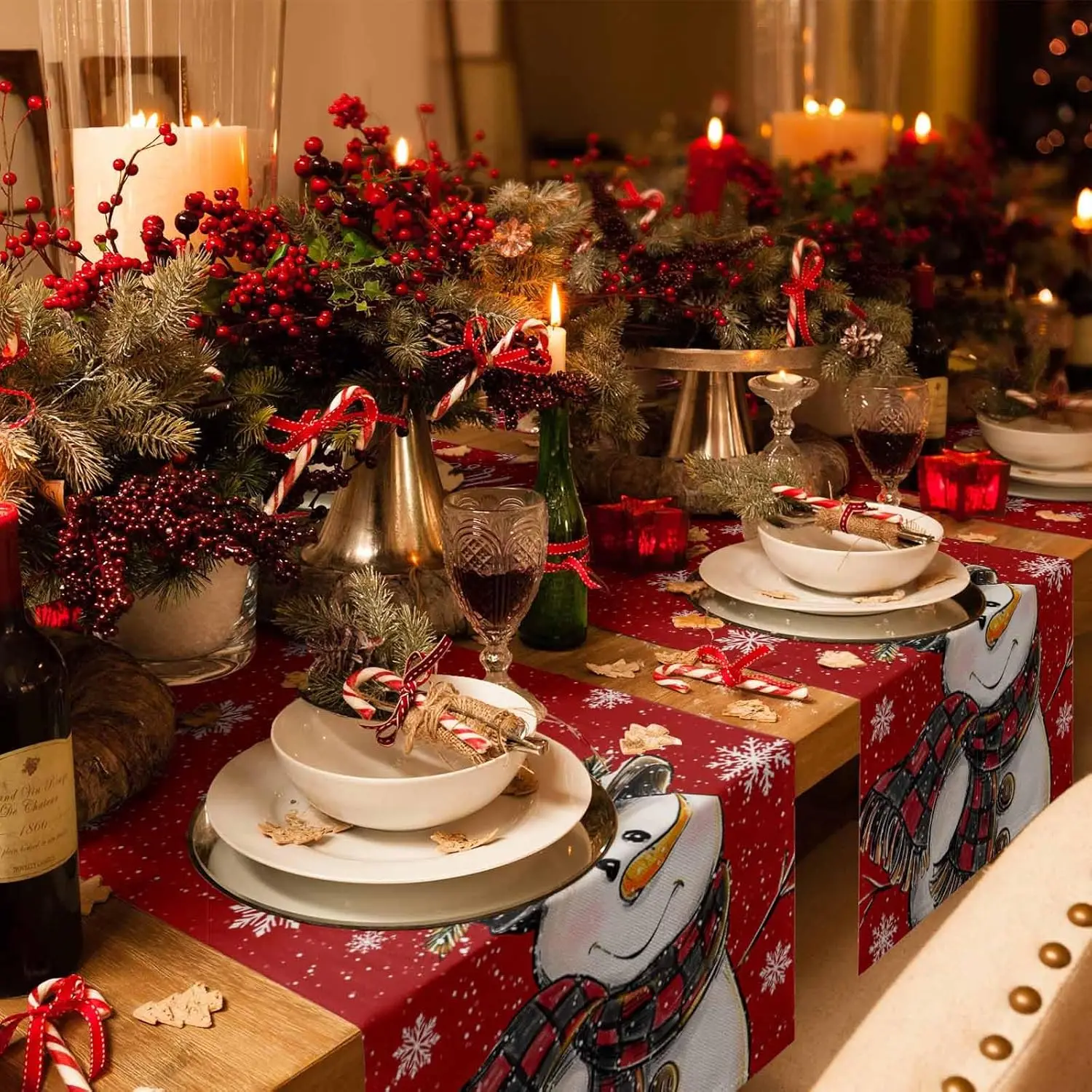 Christmas Snowman Berry Snowflake Linen Table Runner Party Decor Winter Holiday Kitchen Dining Table Runner Christmas Decoration