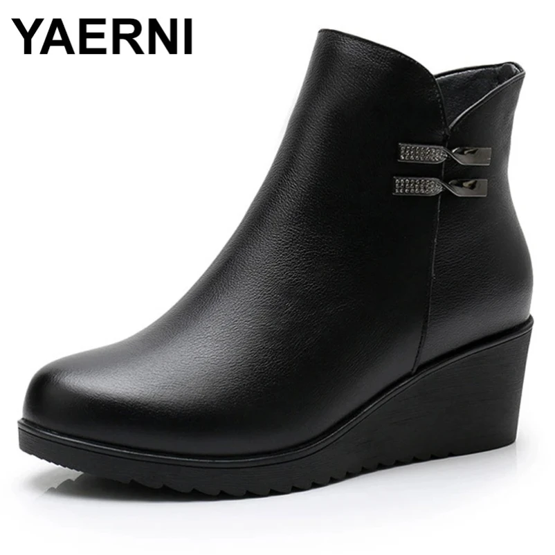 

Женские кожаные ботинки, теплая обувь на высоком каблуке 5,5 см на танкетке, женские черные туфли ручной работы на платформе из натуральной кожи