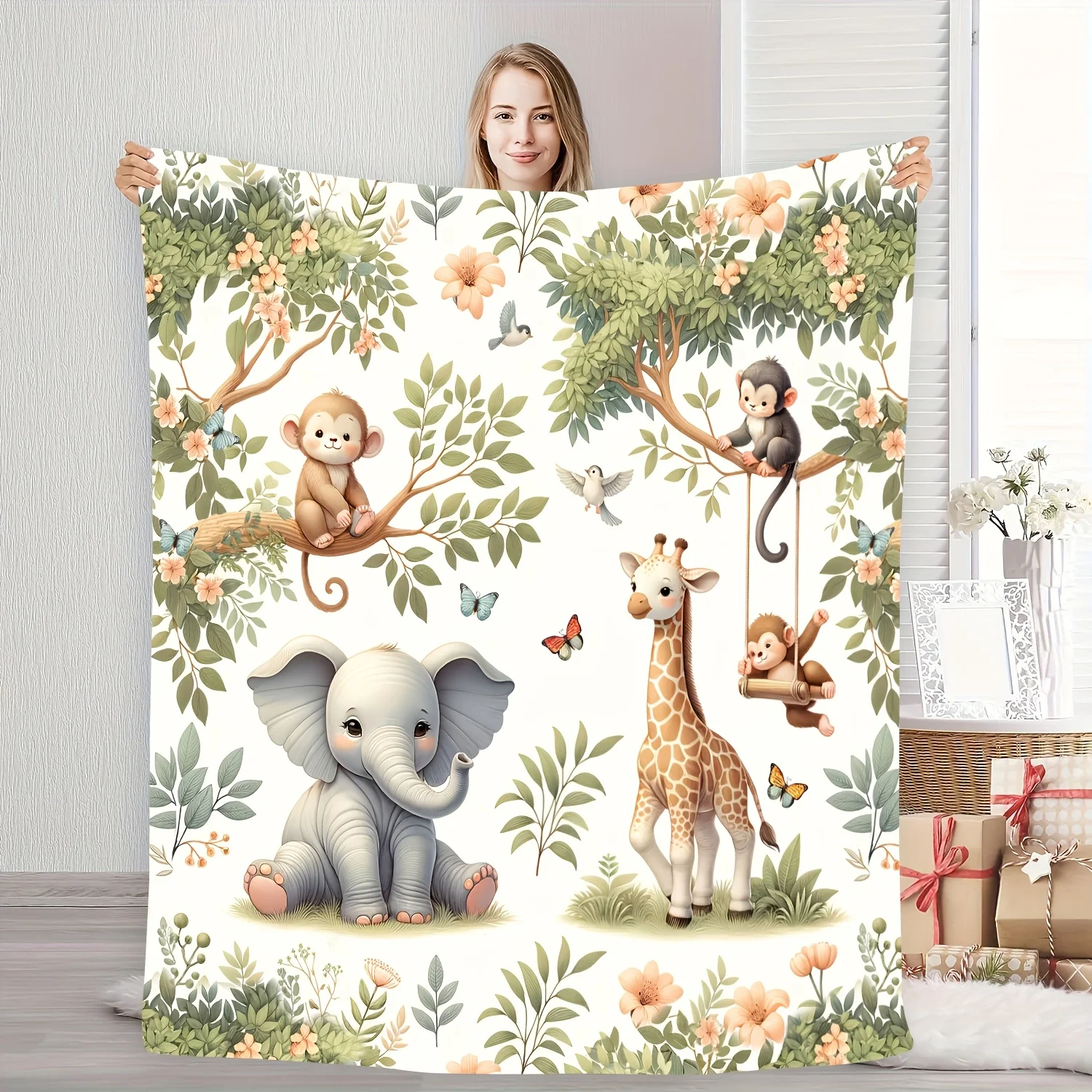 Spring Animal Flannel Blanket Cute Elephant Giraffe Print Warm Throw Camping Home Perfect Gift Family Best Friends