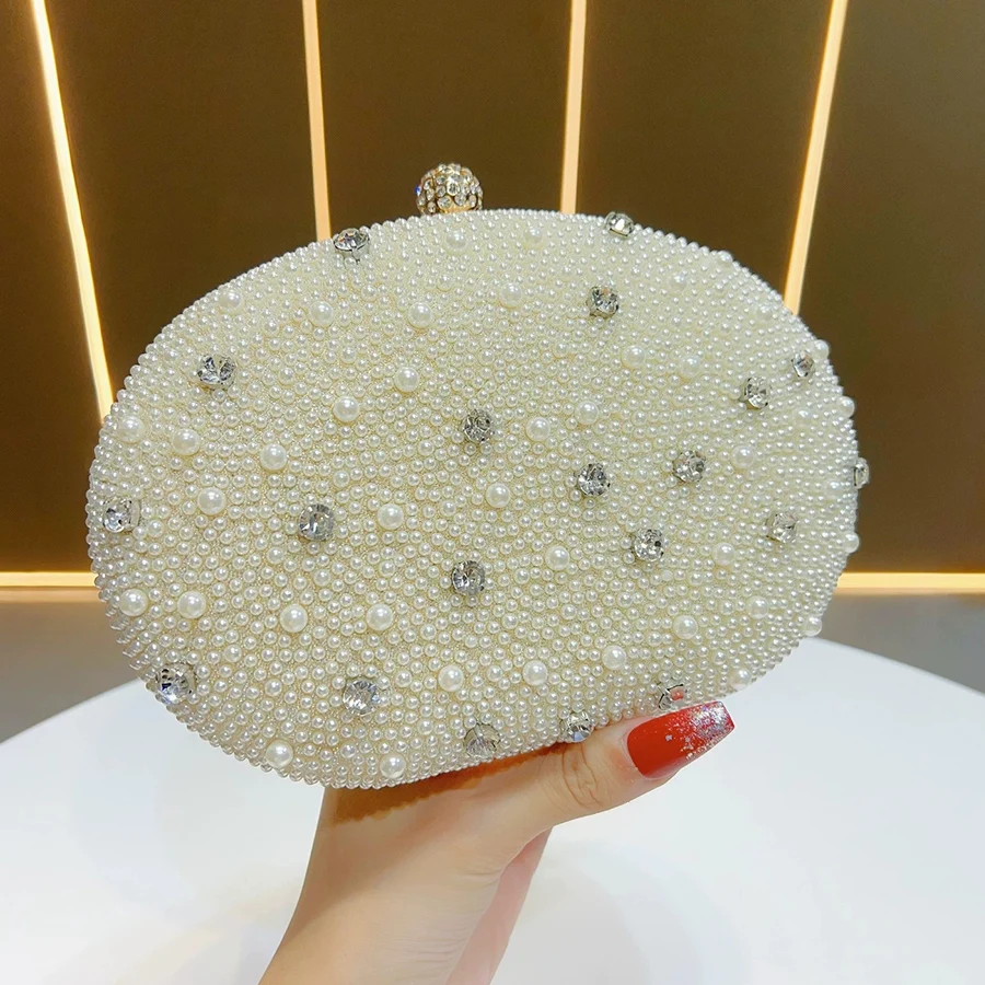 Semicircle Handmade Evening Bag Chain Shoulder Bag Full Beaded Diamond Clutch Bag Ladies Artificial Pearls Handbag for Wedding