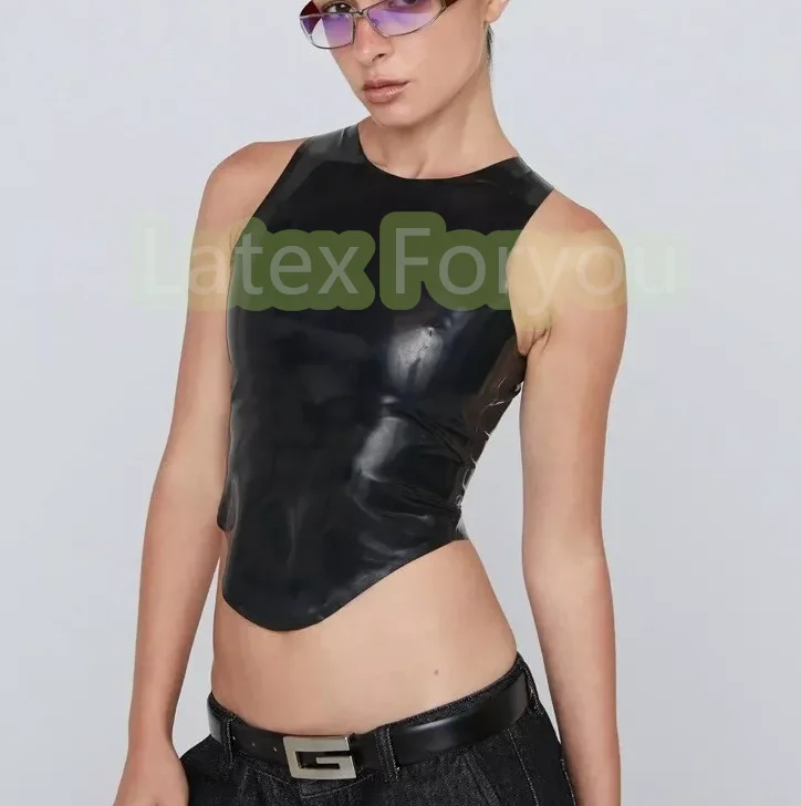 Handmade Natural Latex Woman Shirt Catsuit Tank Top Latex Black Fetish Corp Top With Back Zipper