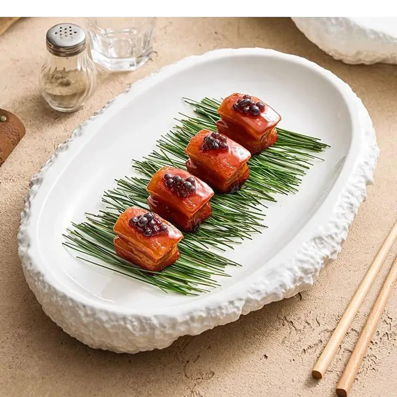 Irregular Rock Texture Ceramic Dinner Plate Pure White Dessert Fish Sushi Plates Restaurant Specialty Tableware