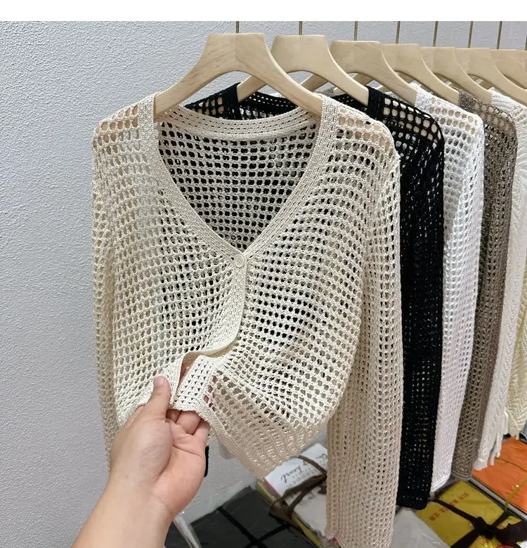 Single Button Crochet Mesh Cardigan for Women Semi Sheer Openwork Sunscreen Jacket Cover Up Summer Hollow-out Knitted Cardigan