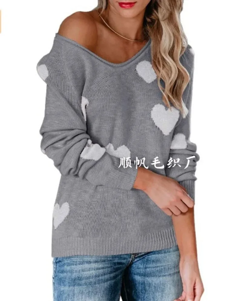 2024 New Loose Top Love Valentine's Day V-neck Knitwear European and American Pullover Sweater for Women SFC6-3