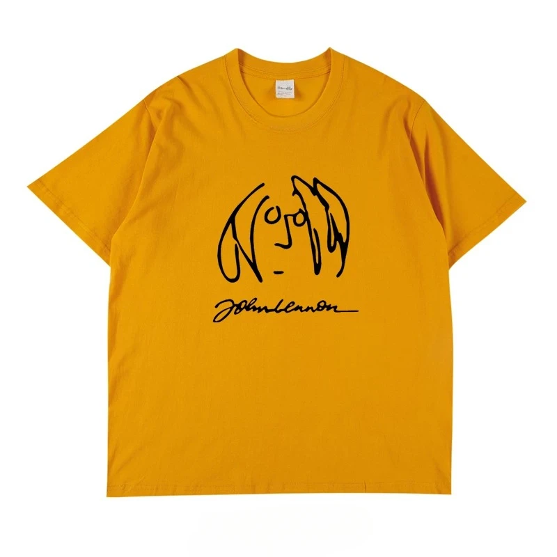 John Lennon Iconic Sketch Self-Portrait Signature Mustard Yellow Graphic T-Shirt Cotton Men Women Streetwear Tee