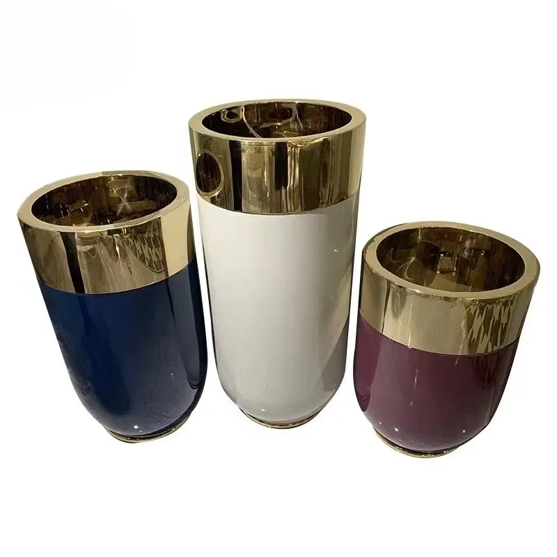 

Green Plant Modern Metal Flower Pot Stainless Steel Fiberglass Round Floor Flower Pot Vase Floor Home Decoration
