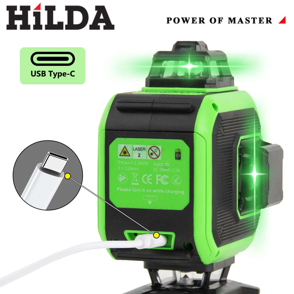 HILDA 16 Linee 4D Mini Livello Laser Linea Verde Autolivellante 360 ° Livella laser verde orizzontale e verticale con USB di tipo C