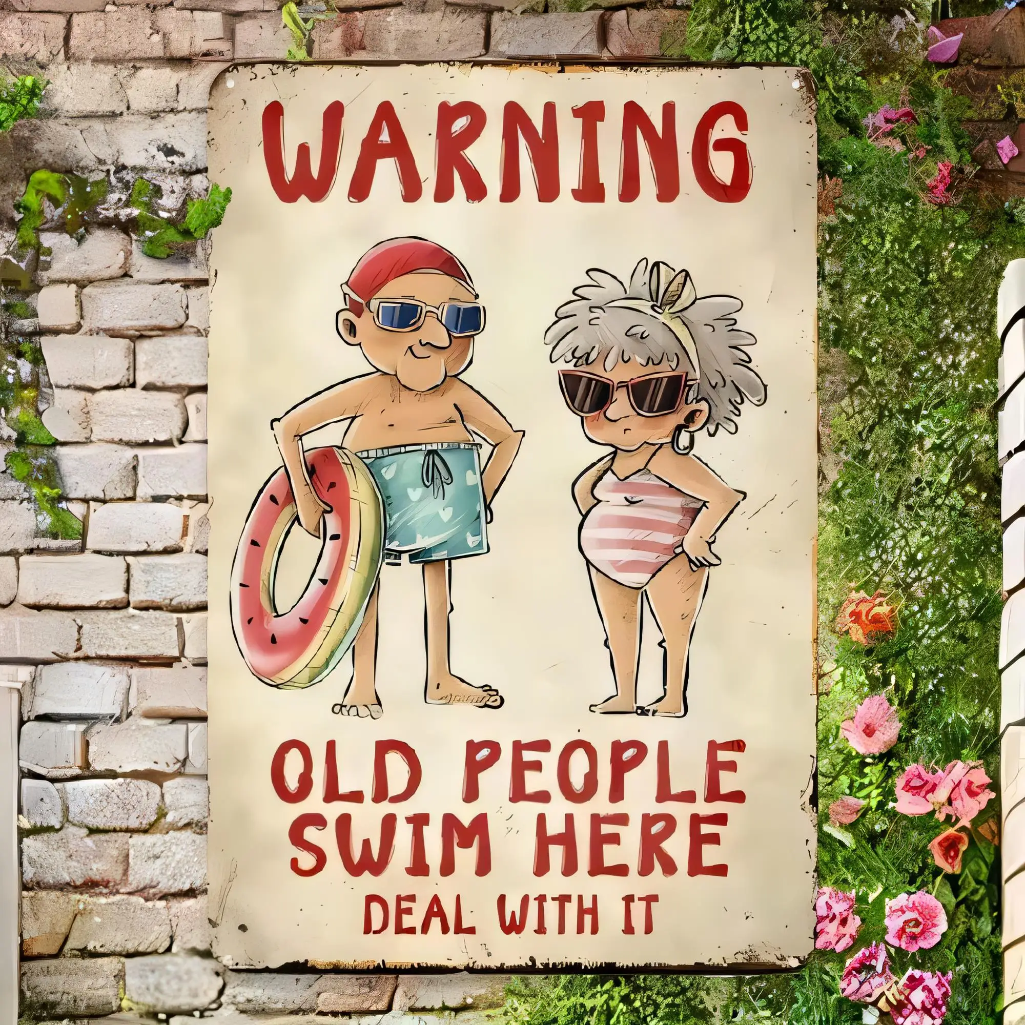 Tin Sign Warning Old People Swim Here Deal With It Funny Vintage Metal Sign for Pool Bathroom Garden Wall Decor Retro Plaque Man