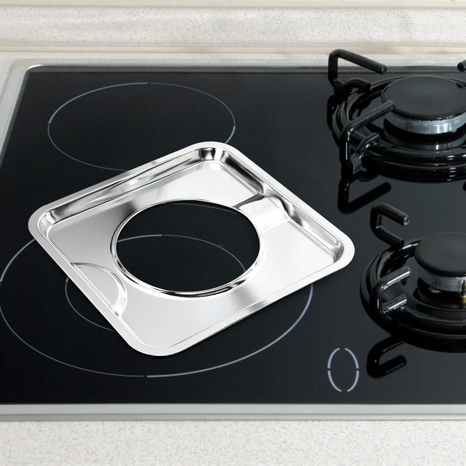 

4Pcs Rolled Edge Oil Drip Pan for Gas Stove Burner Covers Heat Resistant Stainless Steel Stove Top Protector Drip Pans