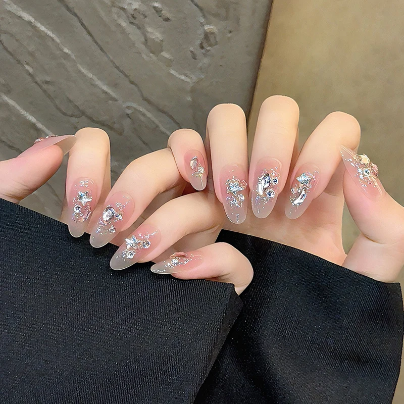 10 stuks naakte kleur druk op nagels glitter ster maan strass decoratie nepnagels lange amond draagbare manicure nageltips