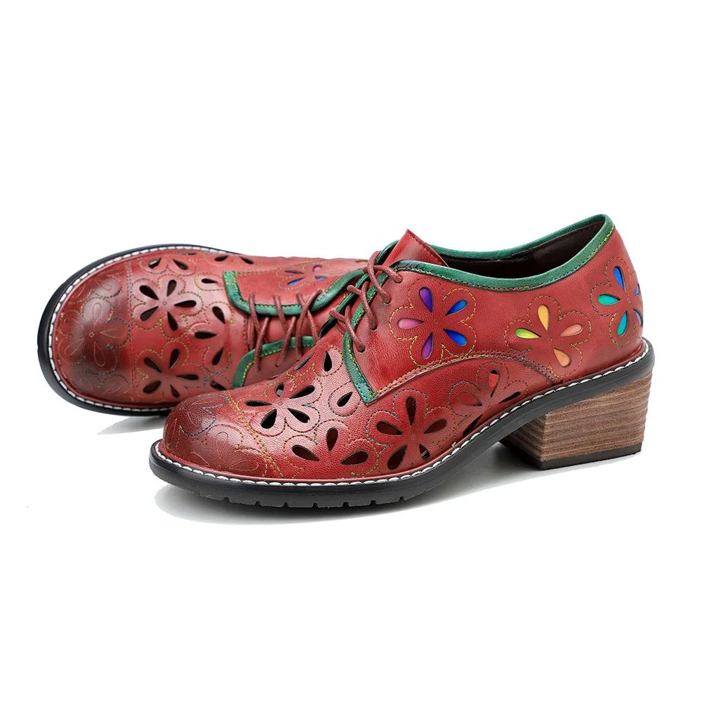 Genuine Leather Pumps Women Shoes Retro 2024 New Spring Round Toe Lace Up Solid Color Handmade Ladies Silp-on Leisure Shoes