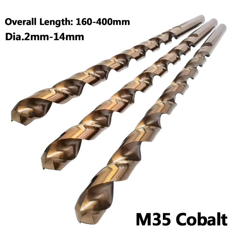 Extra-long M35 Cobalt Straight Shank Twist Broca, Ferramenta Abridor de Buracos para Aço Inoxidável, Liga de Aço, Ferro Fundido, HSS-Co5 %