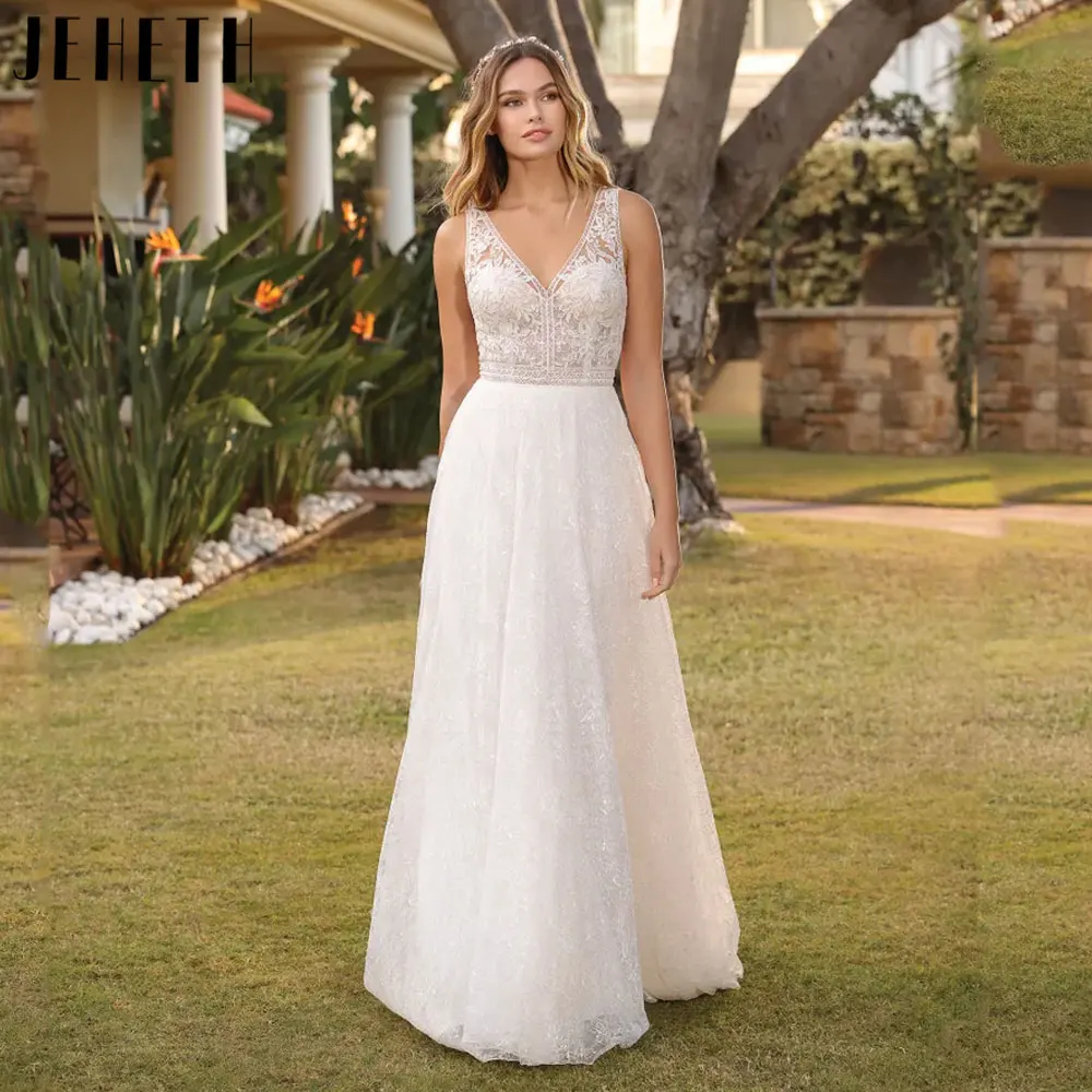 JEHETH-Vestido de novia clásico de tul, traje sencillo de encaje con Espalda descubierta, sin mangas, cuello en V, blanco, hecho a medida, BrancoJEHETH-Vestido de novia clásico de tul, traje sencillo de encaje con Espa