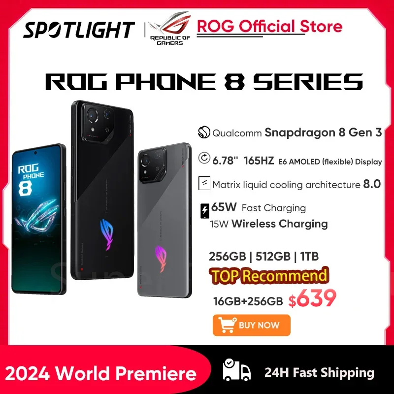 2024 Weltpremiere Asus Rog Telefon 8 Snapdragon 8 Gen 3 5G Smartphone 6.78 ''165Hz E-Sport-Bildschirm 65W Aufladen NFC Rog 8 Pro