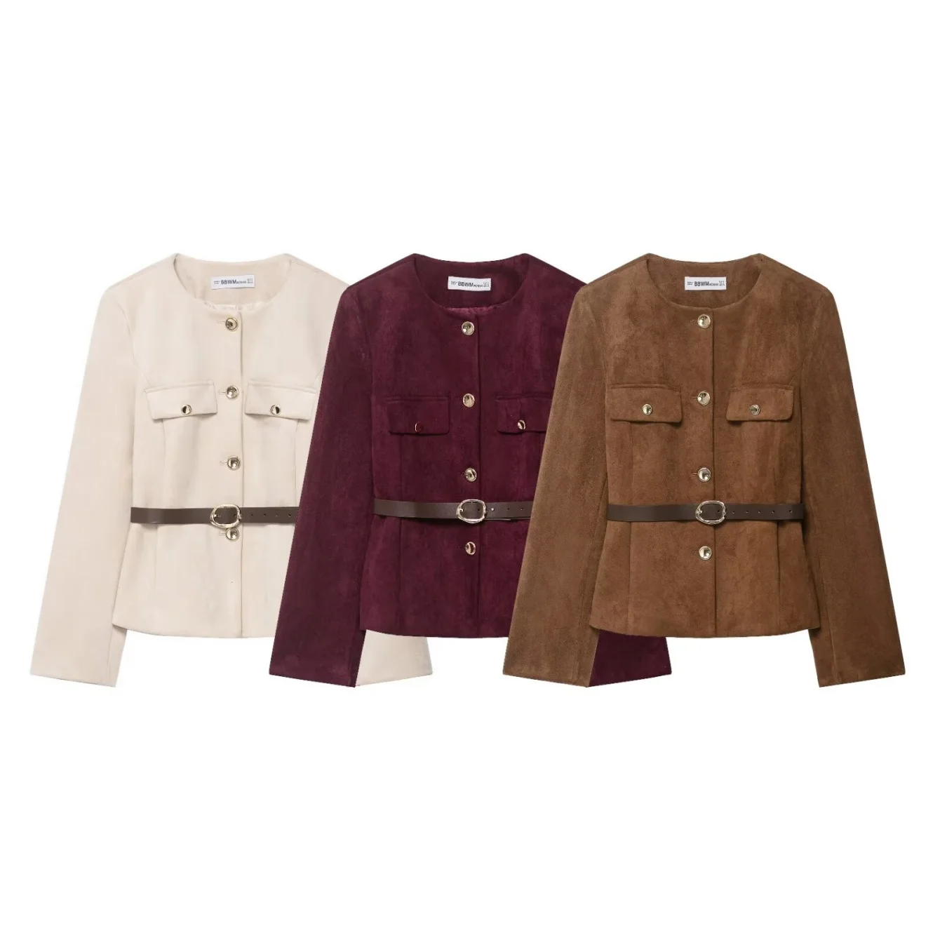 

Women Spring Suede Short Jacket Coat Female O-Neck Pockets Belt Decoration Long Sleeve With Belt High Street Elegant Slim Coat