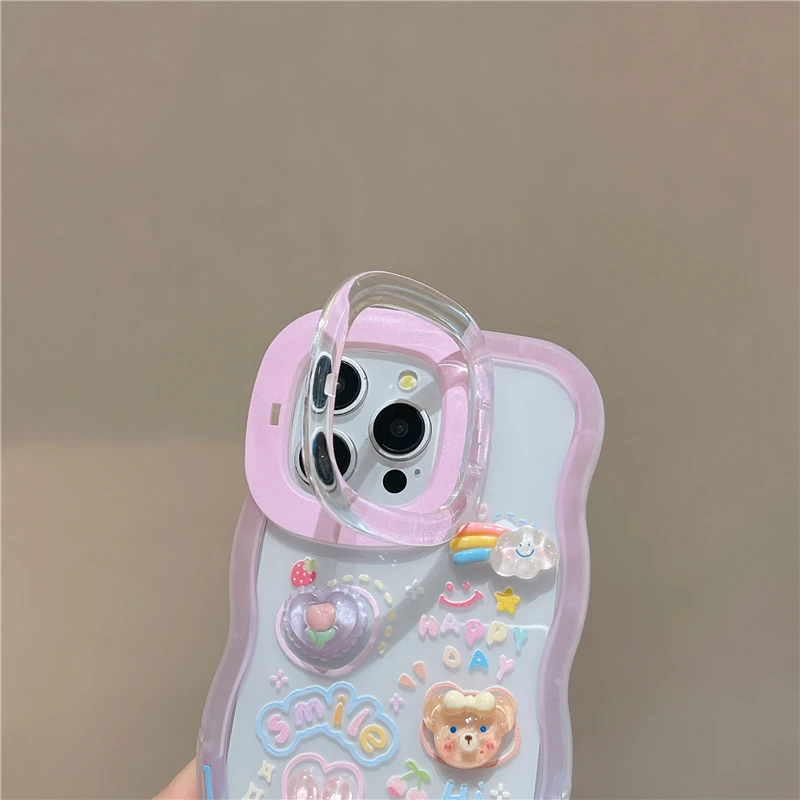 Stereoscopic Rainbow Bear Bunny Anti-collision Anti-Drop Dual Stand Case for iPhone 15 13 12 12 11 14 Pro Max 13Pro XR XS Max X