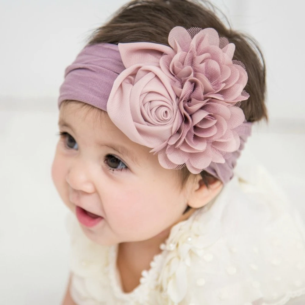 

1PCS Elastic Rose Flower Baby Girls Headband Satin Chic Mesh Lace Flowers Knot Nylon Kids Headwraps Hair Accessories Headwear