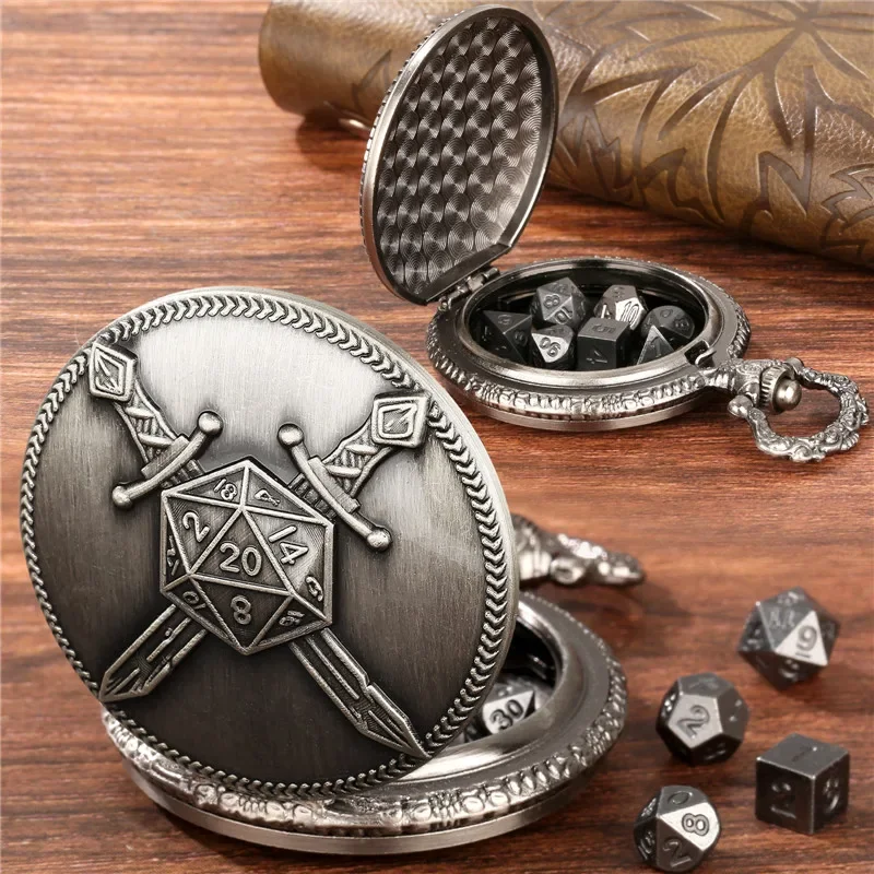

Steampunk 7 x Tiny Metal Polyhedral Dice Set with Double Fighter Swords Pocket Watch Case FOB Chain Role Play Gaming Dices