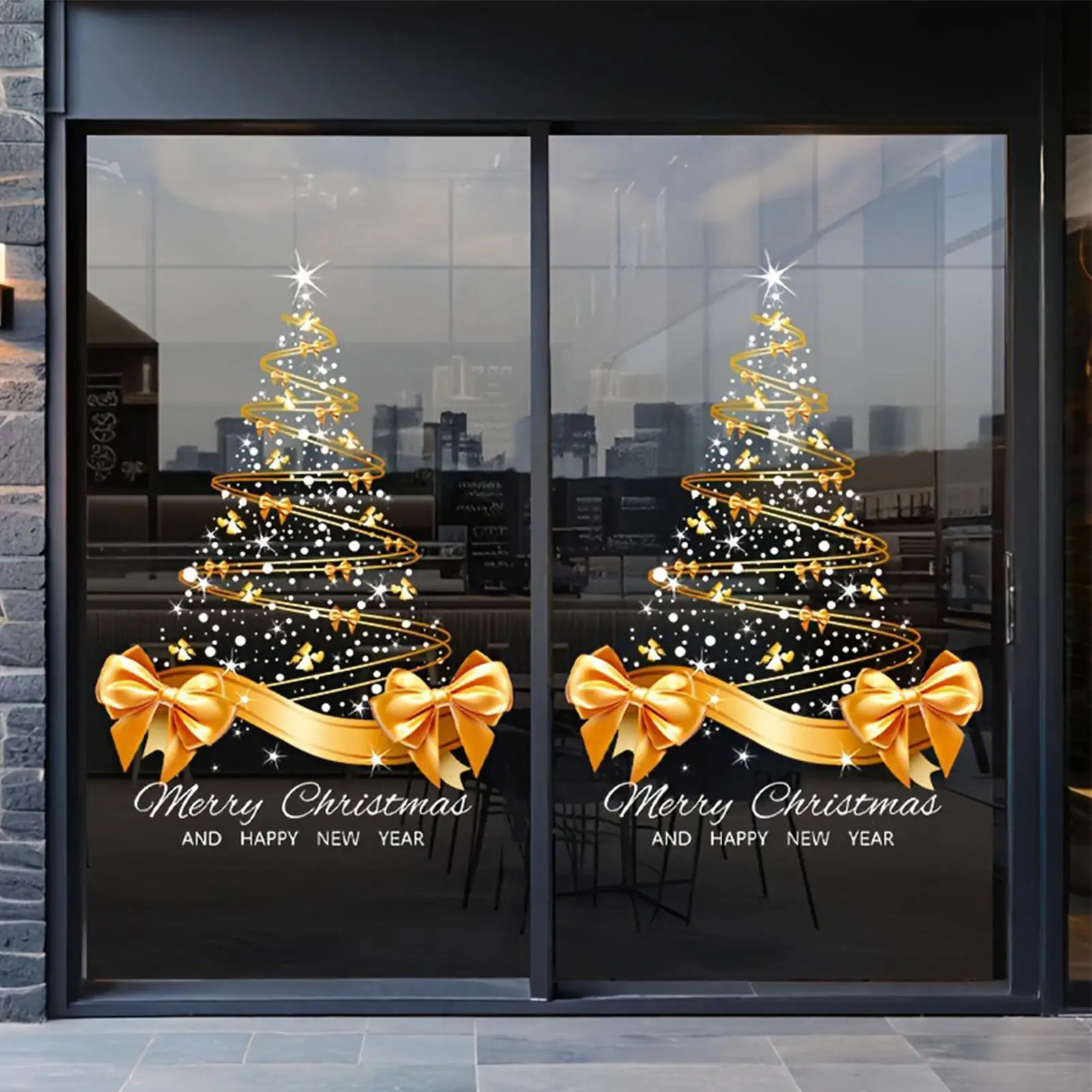 Christmas Tree Window Stickers Reusable Double-Sided Golden Christmas Tree Window Clings for Glass Doors and Windows view 4