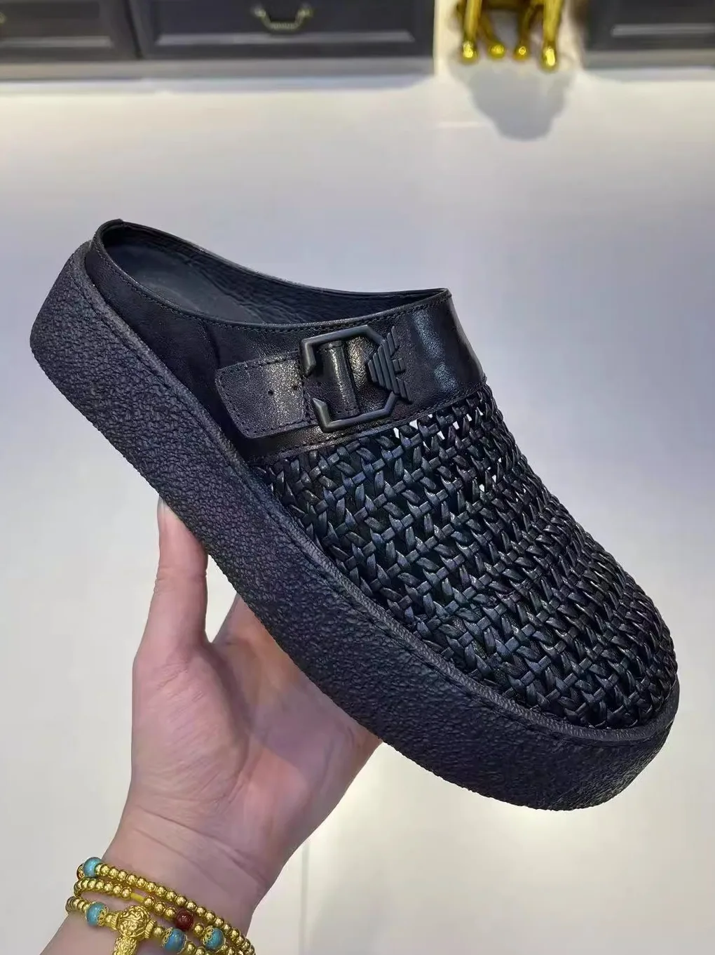 

Comfortable Men's Pure Leather Woven Sandals Casual Fashion High Quality Cool Men's Slippers Breathable PU Upper Glue Woven