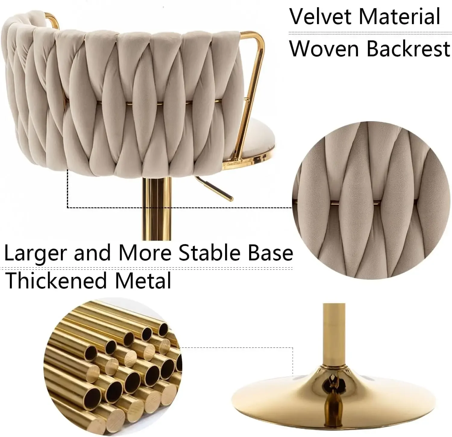 Set di 3 sgabelli da bar in velluto dorato, sgabelli da bar girevoli ad altezza bancone con schienale, sgabelli da bar in tessuto regolabili per isola della cucina,