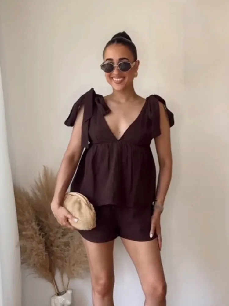 HH Women's Fashion Bow Decoration Solid Suit V-Neck Backless Sleeveless Top+Elastic Waist Side Pockets Mini Shorts Suit image 5