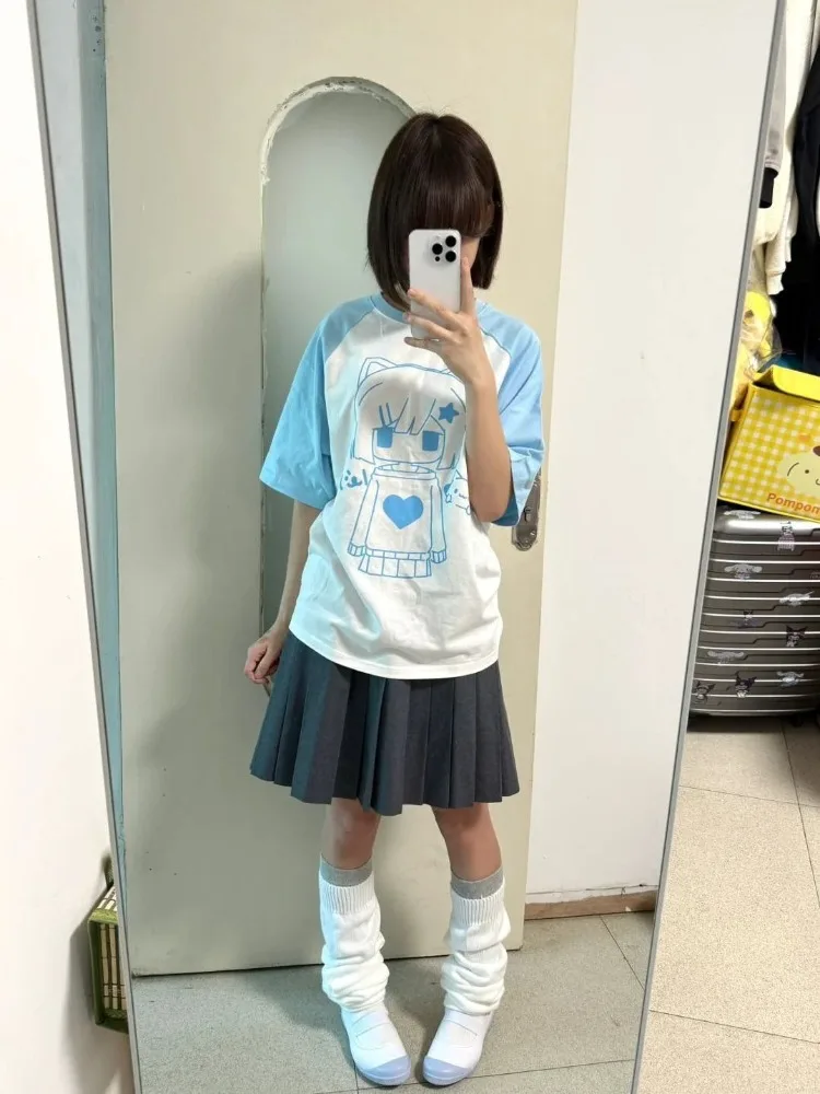Kimotimo Y2k Subculture Anime Cartoon Print T Shirt Women Summer Patchwork Short Sleeve Loose Tee Sweet Cute Loose Harajuku Tops
