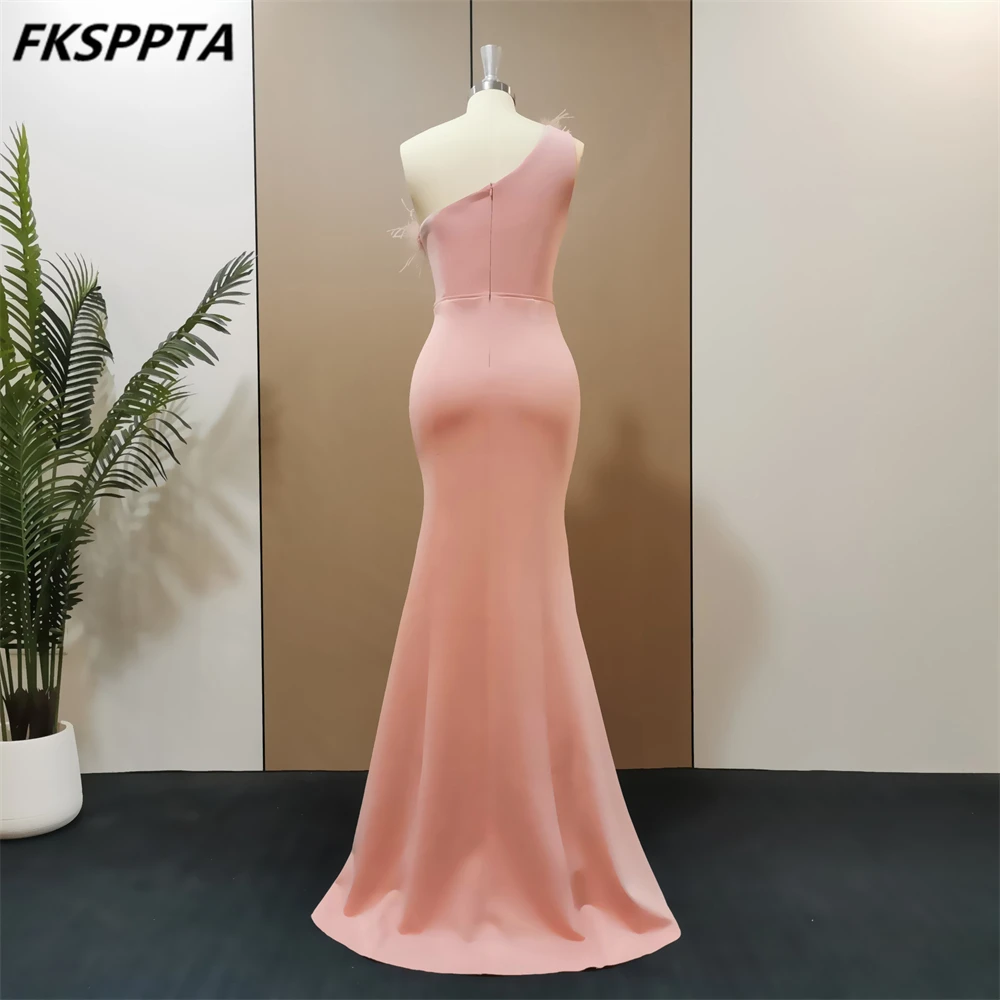 New Pink One Shoulder Long Evening Dress Mermaid Side Split Feathers Satin Lovely Prom Party Gowns For Women Robe De Soiree