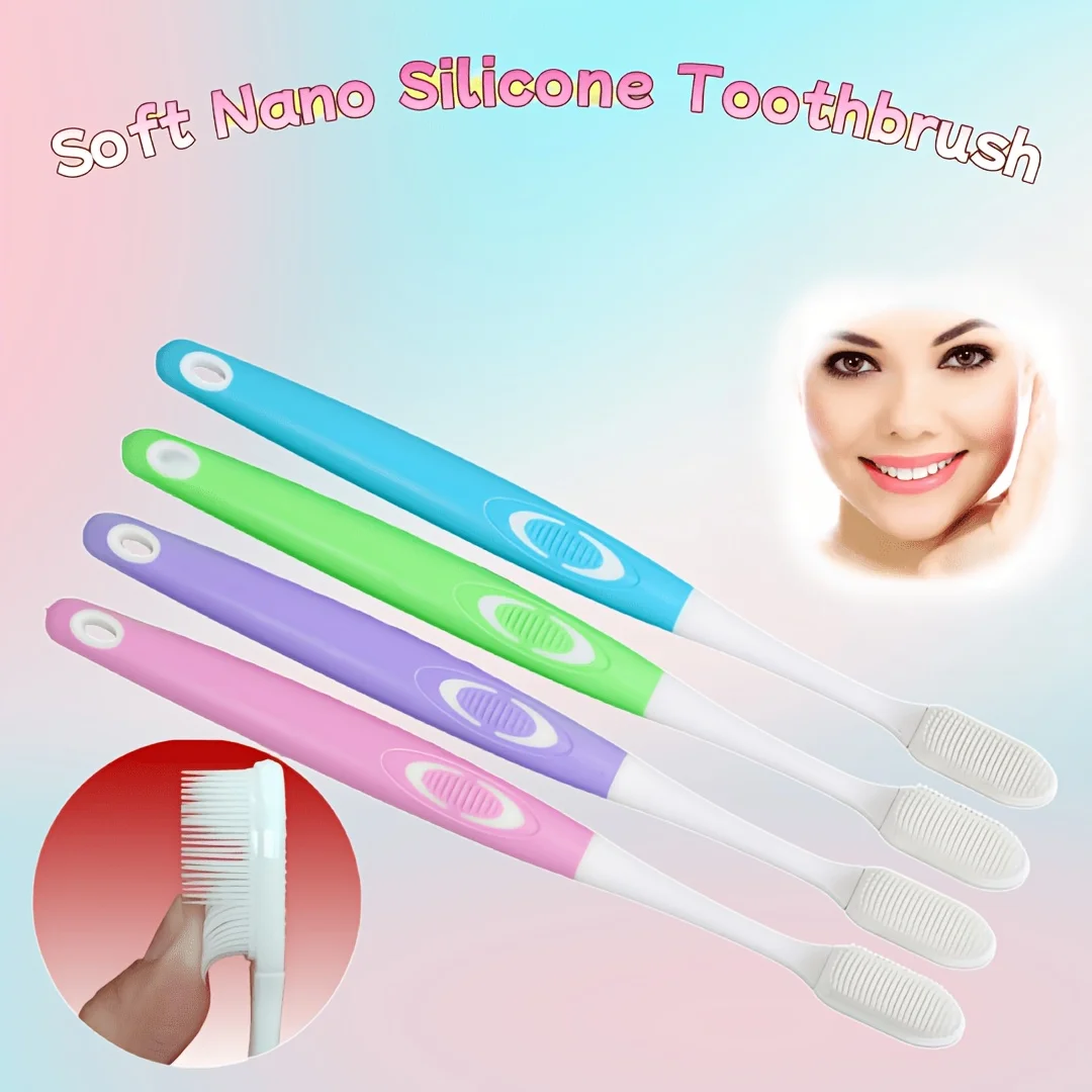 3 brosses à dents en silicone nano à poils doux |   Emballé individuellement, code couleur (orange rose/bleu/vert/violet), design compact