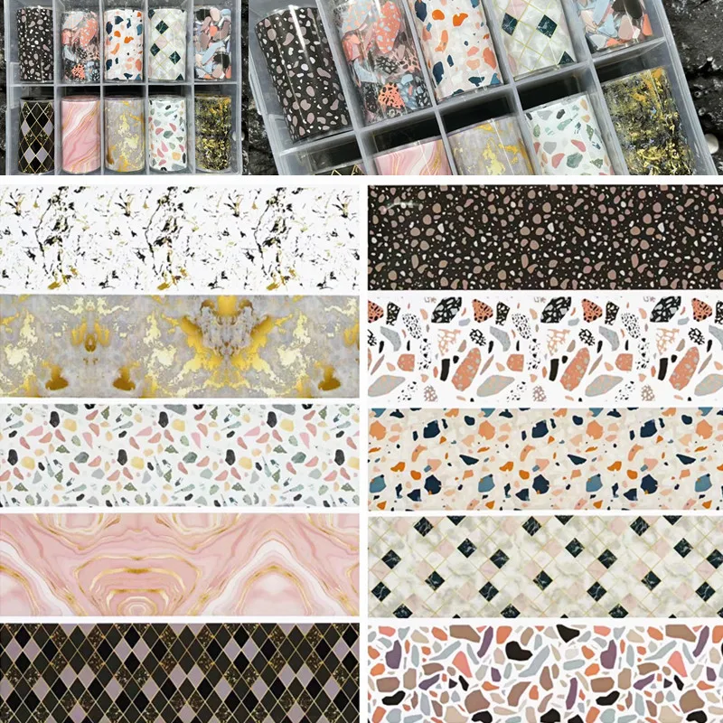 1Box Golden Marbling Stone Nail Foils for Transfer Paper Abstract Stickers Sliders Nails Wraps DIY Flowers Nail Art Decoration