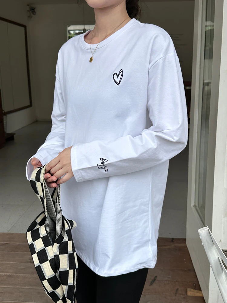 

Женская свободная футболка из чистого хлопка с длинным рукавом и флисовой подкладкой, средней длины, базовый слой, повседневная, для осени