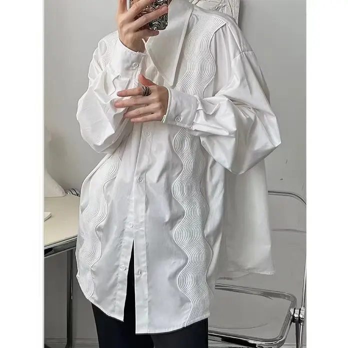 French Niche Heavy Industry Wave Embroidery White Long Sleeved Shirt For Women In Spring And Autumn, Loose And Large Collar Shir