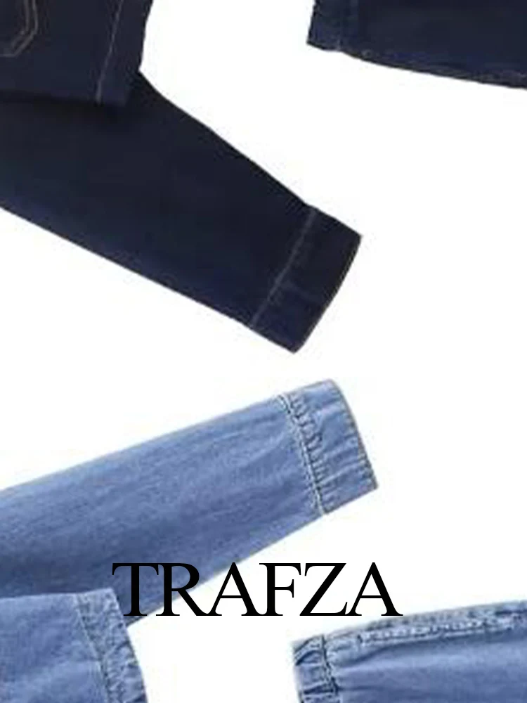 

TRAFZA Women Solid Fashion Pants Suit Single-Breasted Lapel Long Sleeve Denim Coat+Drawstring Pockets Straight Long Pant