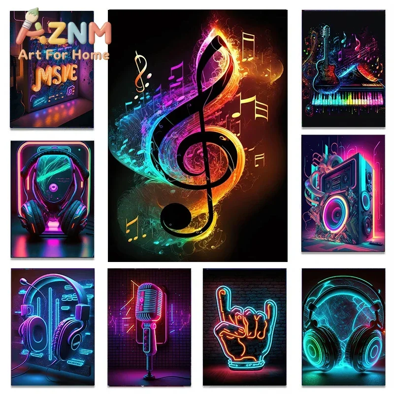 Pop 80S Live Music Neon Punk Poster Aesthetics Dj Guitar Karaoke Headphones Canvas Painting Wall Art Picture for Home Room Decor