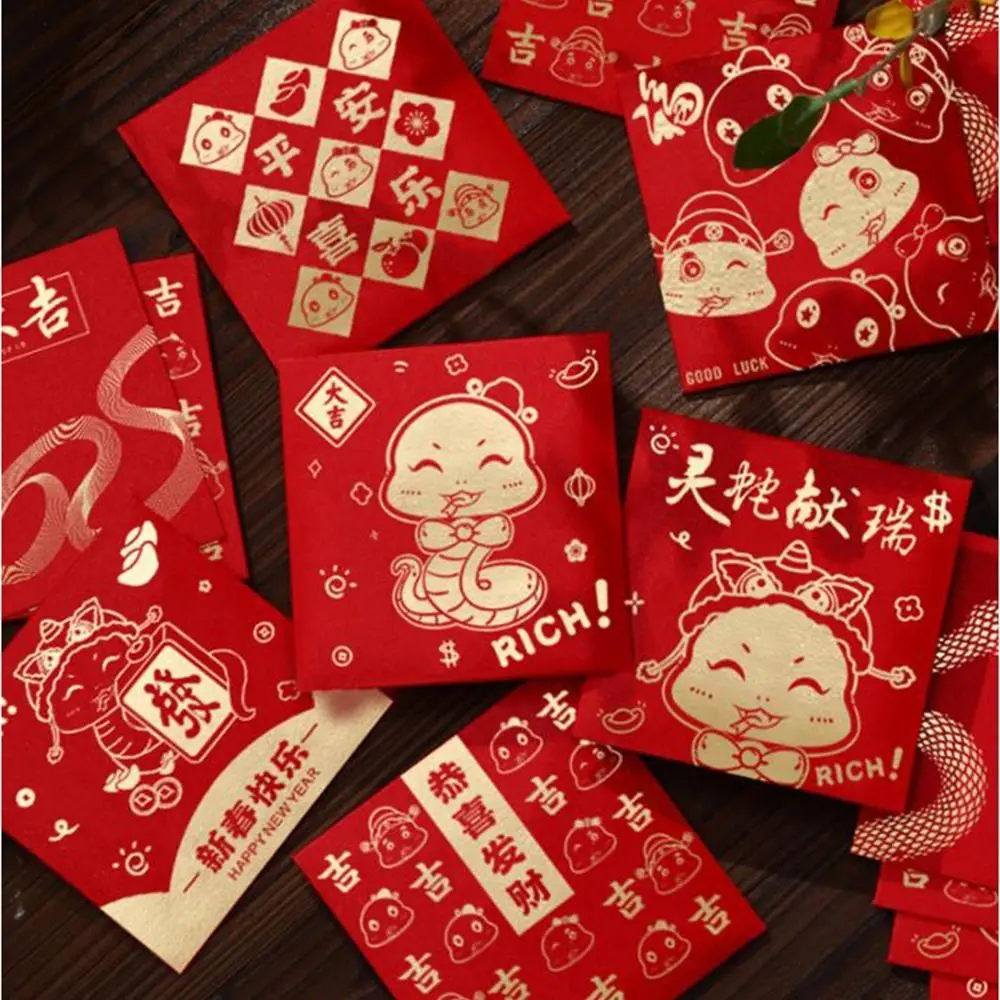 10Pcs Creative Chinese Red Envelopes Paper Cartoon Good Lucky Red Packets Traditional Zodiac Snake Lucky Money Bag